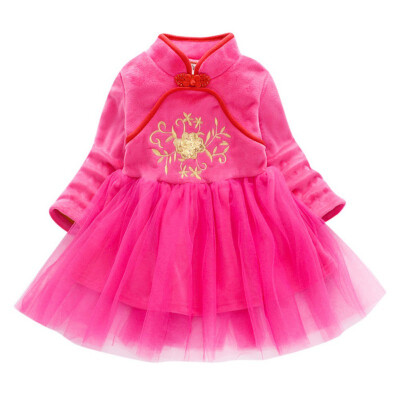 

6 Colors Autumn Kids Dresses For Girls Chinese Traditional Dress 1Y-7Y Mesh Stitching Embroidery Swan Collar Princess Dress Prom