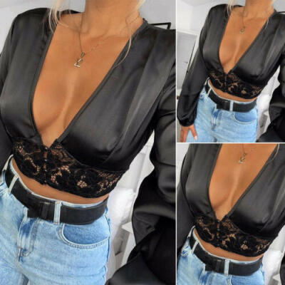 

New Women Ladies Hollow Deep V Lace Crop Top Long Sleeve Sexy T Shirts Blouse