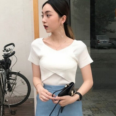 

Summer Sexy V Neck Tank Tops New Fashion Knitted Women Short Sleeve Female Tops Shirt Blouse Casual Crop Tops T-Shirts
