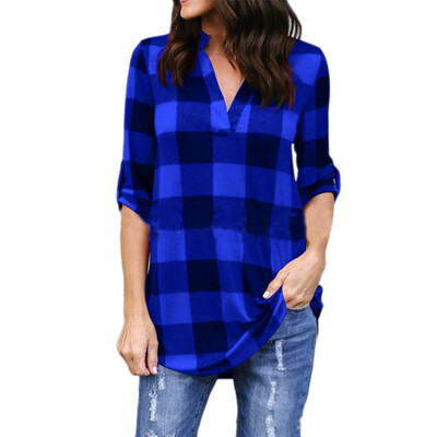 

Plus Size Women Plaid Casual Loose Long Shirts Female Vintage Long Sleeve V Neck Blouse Tops