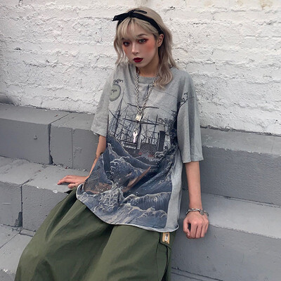 

Half Sleeve T-shirt Simple Casual Cartoon Print Top Fashion Trend Womens Plus Size Tee O-Neck Long Length