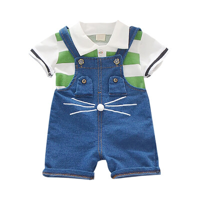 

Boy Shorts Set Summer Baby Boys Short Sleeve Stripe Print Tops Blouse Shirt Denim Suspender Pants Children Casual Outfits Sets