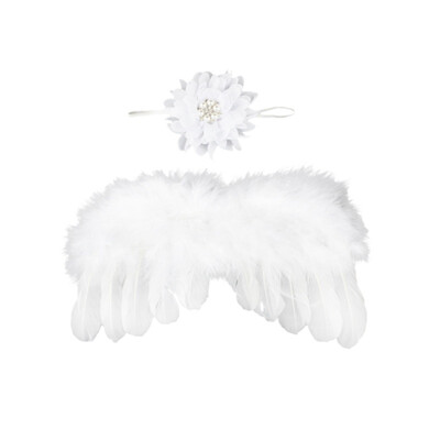 

Newborn Baby Angel Feather Wing With Lace Flower Headband Set Photo Props Outfit Costume