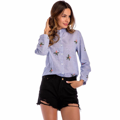 

Womens Shirt Stand Collar Long Sleeve Striped Pattern Embroidery Casual Top shirts