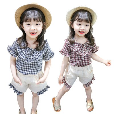 

Fashion Children Girls Clothes Summer Plaid Print Flare Sleeve T-shirtShorts Suits 2Pcs Costume Set