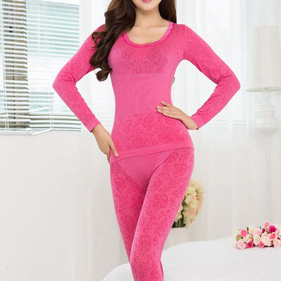

Women Sleepwear Autumn Winter Lace Round Neck Thermal Long Thin Section Sets Lined 2 Pcs Underwear Top & Bottom Pajama