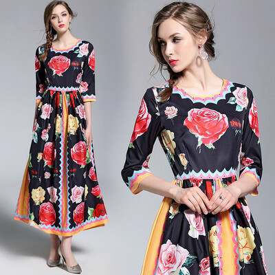 

DFYOP New European And American Foreign Frade Ladies Dress Rose Printing Long Dress