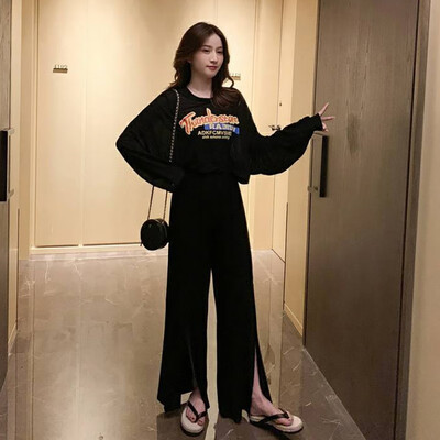 

Two Piece Set Autumn Letter Printed Long-sleeved Sunscreen Clothing Black Wide-leg Pants