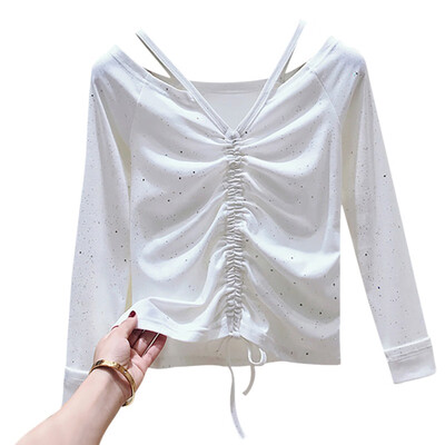 

Sequin Women Cropped Top Solid Color Long Sleeve Slim Korean Style Tshirt Chic Sexy Female Tee tshirt