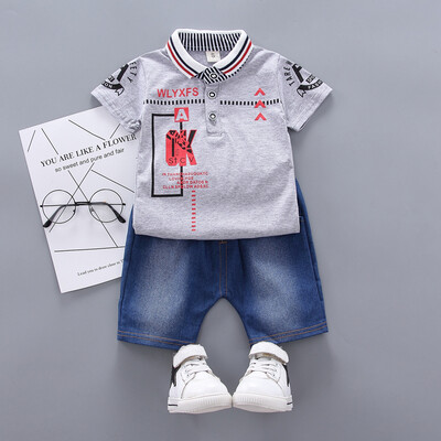 

Baby Boys Casual Short Sleeve Cartoon Letter Print T-shirt TopsDenim Shorts Summer Children Costume Set