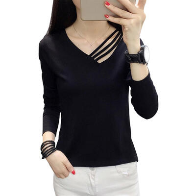 

Simple Solid Color T-shirt Fashion Women Slim V-Neck T-shirt Casual Tees