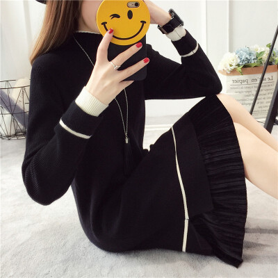 

Autumn solid color dress pullover bottom stitching design womens knit dress Korean long sleeve knee-length dress