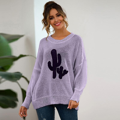 

Women Sweater Contrast Cactus Splicing Drop Shoulders Split Cuff Long Sleeve Loose Casual Pullover