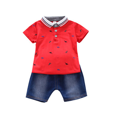 

2PcsSet Summer Children Baby Boys Casual Short Sleeve Dinosaur Print T-shirt TopsDenim Shorts Costume Set