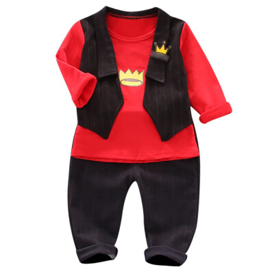 

Autumn Children Baby Boys Casual Long Sleeve Crown Pattern Fake 2 Piece TopsPants Set