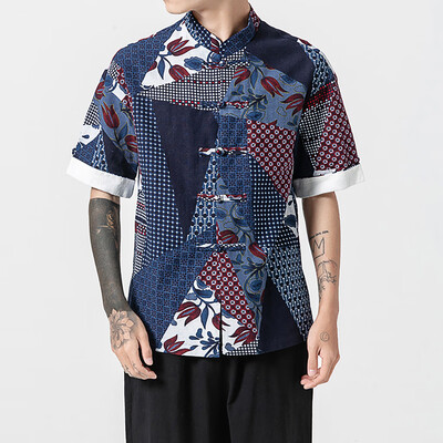 

Toponeto Mens Print Short Sleeve MultiColor Stand Neck Loose Casual T Shirt Blouse Tops