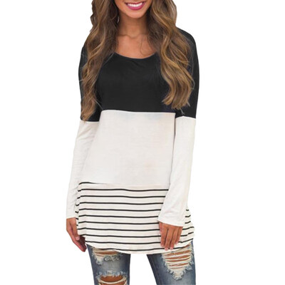 

Plus Size Color Block Striped Lace Patchwork Long Sleeve T-Shirt Women Tunic Top