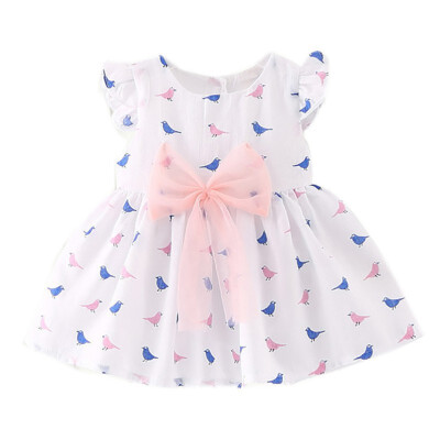 

Summer New Girls Dress Korean Fashion Fashion Dress Bird Pattern Bow Decoration Dress