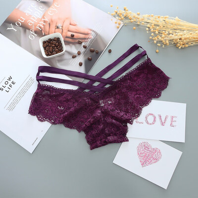 

Sexy Womens Panties Hollow Out Rose Jacquard Large Size Briefs Cross Straps Solid Color Lace Briefs Underwear