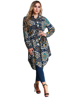 

New Fashion Women Long Floral Print Shirt Blouse Turn-down Collar Long Sleeve Asymmetric Hem Shirt Dress Dark Blue