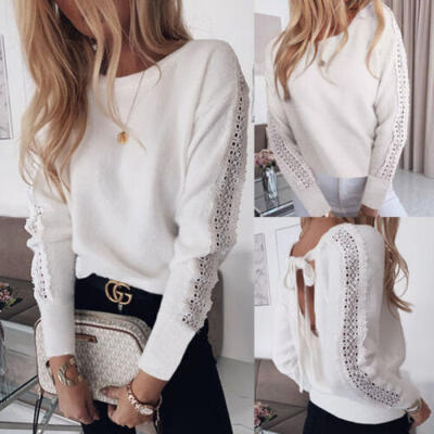 

Sexy Womens Lace Bandage Tops Long Sleeve Round Neck Blouse Casual Loose Shirt