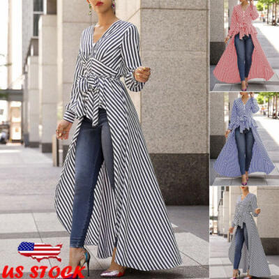 

US Women Stripe Long Sleeve Irregular Long Shirt Blouse High Low Tunic Top Dress