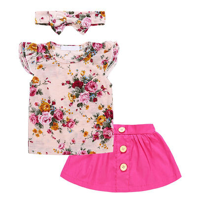 

Summer Toddler Baby Girls Princess Petal Sleeve Flower T-shirtButton Mini SkirtHairband 3Pcs Outfits
