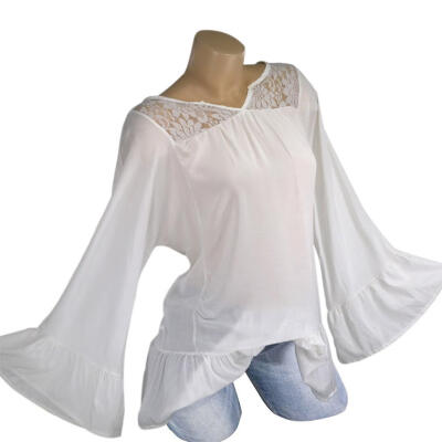 

Fashion Women Blouse Loose Lace Patchwork V-Neck T-shirt Ruffle Hem Tops