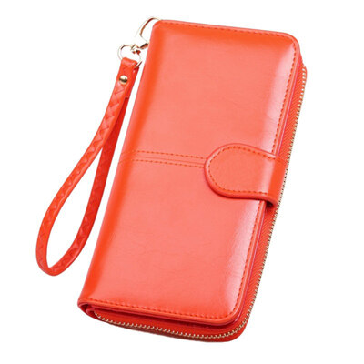 

Fashion Women Solid Color Waxy Leather Long Zipper Wallet Phone Holder Purse