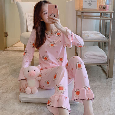 

2 Pcs Girls Sleepwear Nightgown Set Pajamas Female Cute Cartoon O Neck Plus Size Autumn Women Sleepwear Wholesale W1