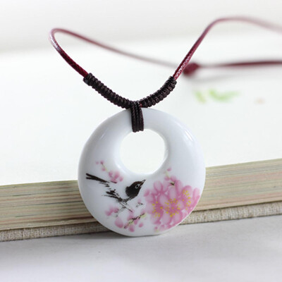 

Ethnic Jewelry Traditional Handmade Ornaments Weave Wax Rope Necklace Choker Ceramics Moon Porcelain Pendant