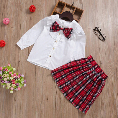 

Baby Girl Kid Shirt Plaid Skirt Tie Studen Outfit Formal Clothes Top