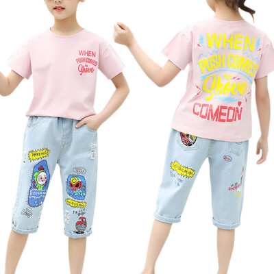 

Summer Baby Girls Casual Fashion Short Sleeve Letter Print T-shirt TopsDenim Shorts Suits Costume Set