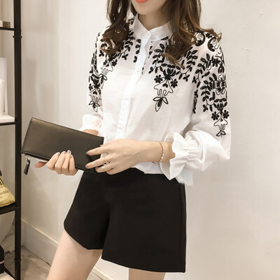 

Women Fashion Embroidery Floral Long Sleeve Stand Neck Button Casual Blouse Chic Cotton Modern Korean Style Shirts