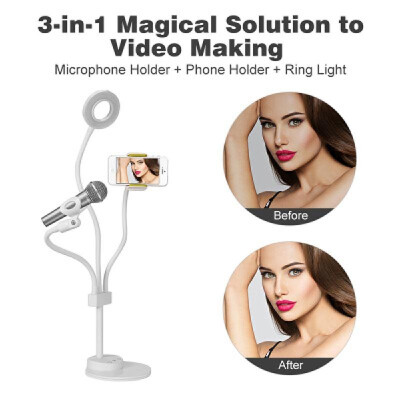 

3 in 1 Lazy Bracket Phone Stand with Microphone Holder Flexible Cellphone Clip with 24 LED Lightbeads Selfie Ring Light for Live