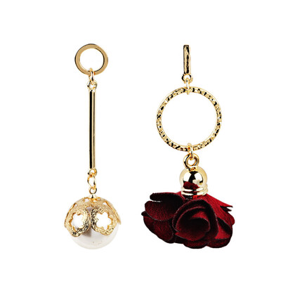 

1 Pair Women Asymmetric Pearl Red Flower Dangle Drop Earrings Ear Studs Gift New