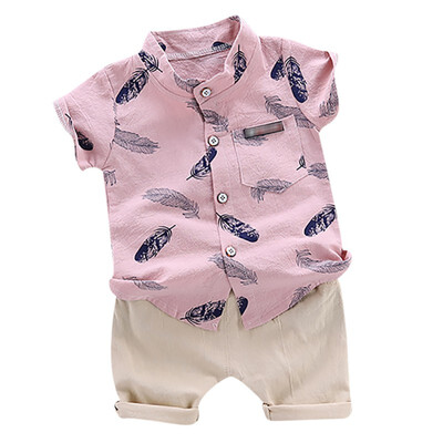 

Summer Baby Boys Casual Short Sleeve Floral Feather Print shirt TopsShorts Costume Set