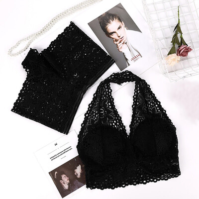 

Hot Lace Sexy Wire Free Halter Bra Set Push Up Bralette Lingerie Women 2 piece Underwear Set Solid Color Bras&Panties Set