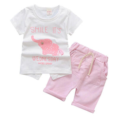 

Hot Summer Children Short Sleeved Cartoon Elephant O Neck Tops TeeT-shirt Shorts Two Piece Unisex Kids Clothing