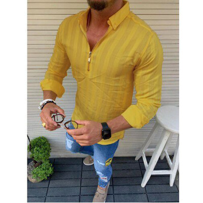 

Men Striped Long Sleeve Zipper Shirts Male Casual Business Fit Blouse Slim Top