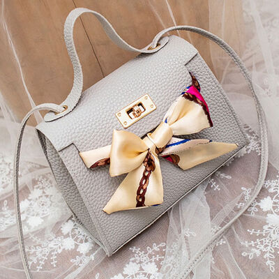 

New Fashion Simple Silk Band Bow Lock Small Square Bag Shoulder Messenger Bag For Girls Woman 5 Colors