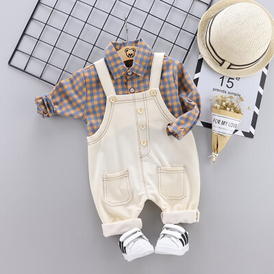 

Spring Autumn Casual Fashion Baby Boy Plaid Long Sleeve Shirt And Suspender Trousers Set