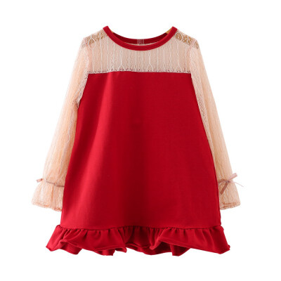 

Girls Dress Round Neck Stitching Lace Pendulum Skirt Princess Cute Sweet Long Sleeve Fishtail Dress 2-7Y Toddler Girl Clothes