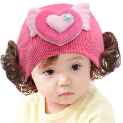 

Newborn Cute Baby Hat Toddler Baby Warm Knit Hat Girls Caps Cartoon Bowknot Cap Girls Fake Hair Wig Hats Kids Headwear