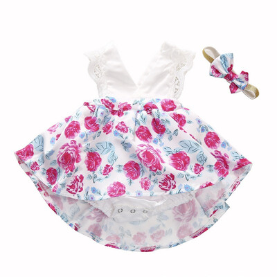 

Baby Girls Dress Casual Flower Pattern Print V-neck Sleeveless Lace Decoration Dress Children Clothes Clothing1-4Y