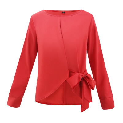 

EFINNY Casual Women Long-Sleeved Chiffon Bow Knotted Round Neck Hem Irregular Shirt Loose Tops