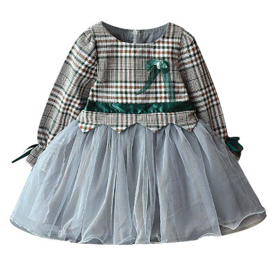 

Autumn Casual Cute Little Baby Girls Plaid Pattern Long Sleeve Patchwork Mesh Dress Kids Sundress