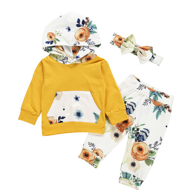 

Autumn Children Clothes Kid Girl Long Sleeve Floral Hooded T-shirt TopsPant Clothing Set for Baby Girls Clothes With Headband