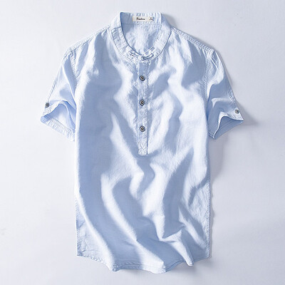 

Toponeto Mens Causal Shirt Short Sleeve Top Button Cotton Linen Solid Color Loose Blouse