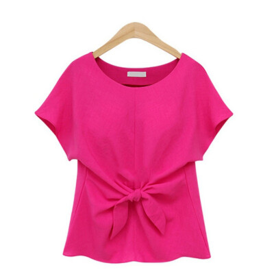 

Women Short Sleeves O-Neck Lace Up Bowknot Solid Chiffon Blouse Shirt Casual Slim Wild Womens Tops And Blouses Plus Size 2XL